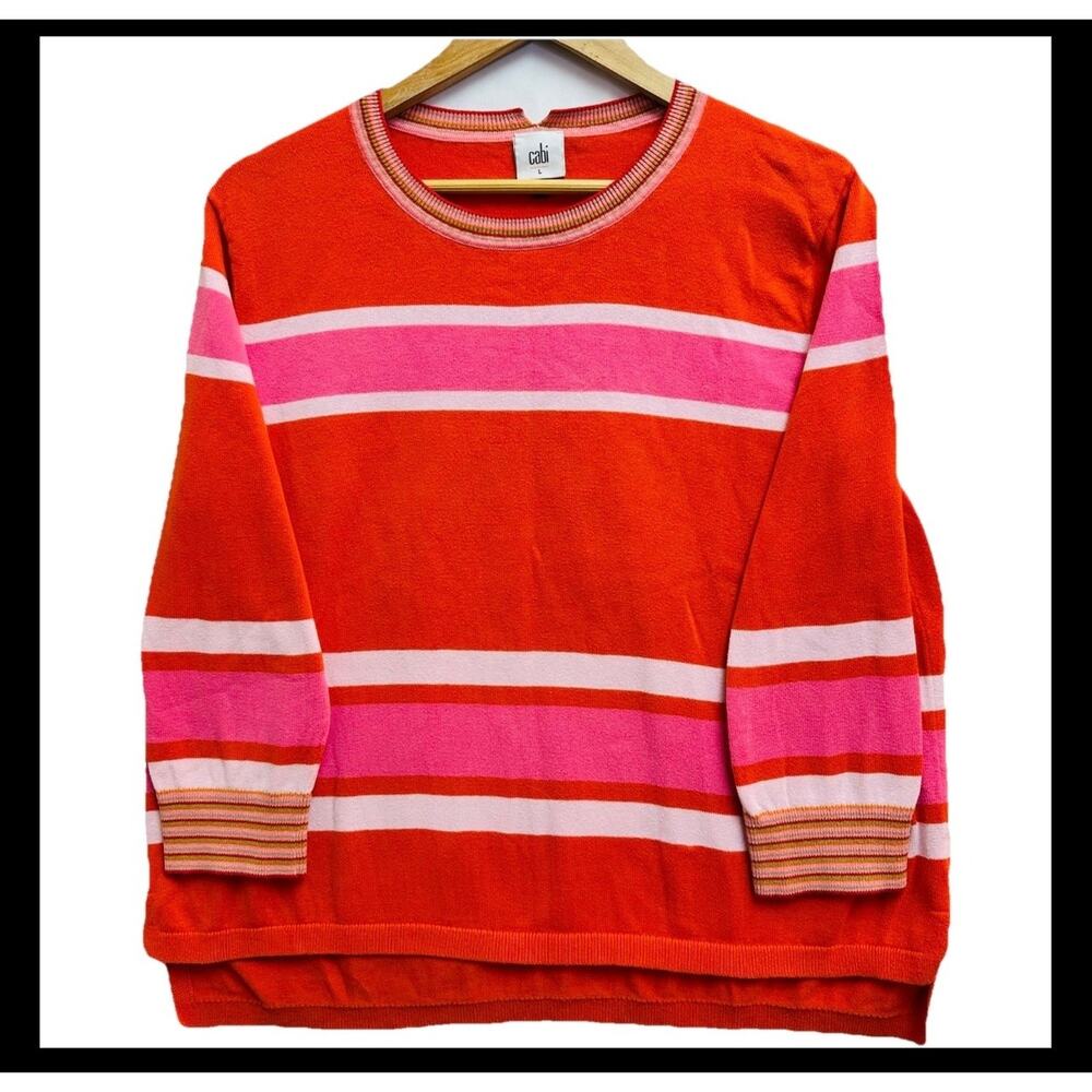 Cabi Cadet womens Pullover knit red pink white stripe Size L Large